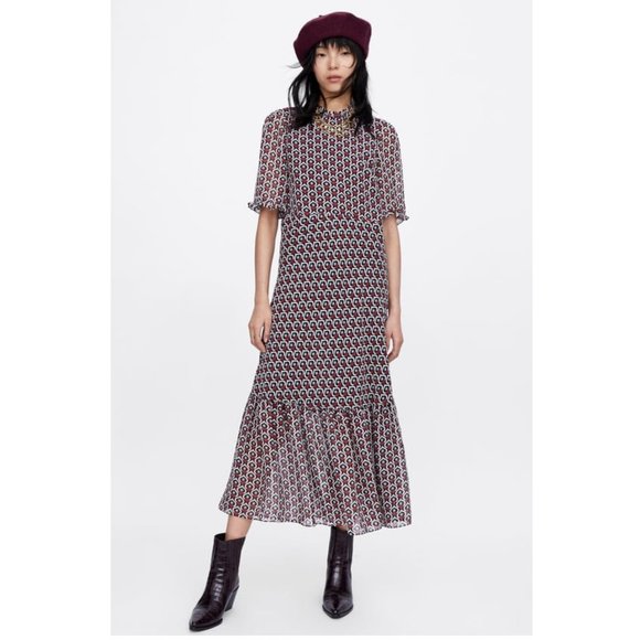 Zara Heart Print Midi Dress in Eggplant - Size Small - Picture 1 of 8